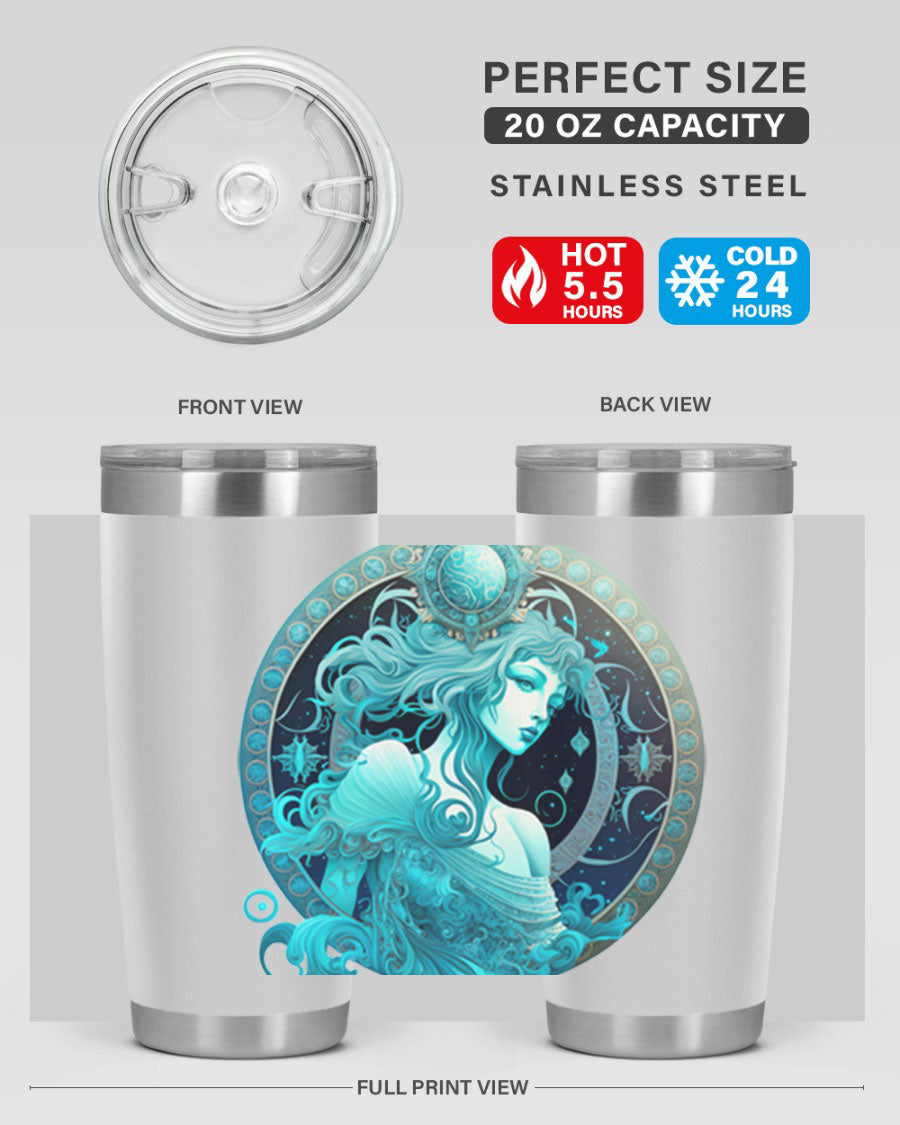 Aquarius 63# Tumbler featuring a double wall vacuum stainless steel design with a vibrant zodiac print.