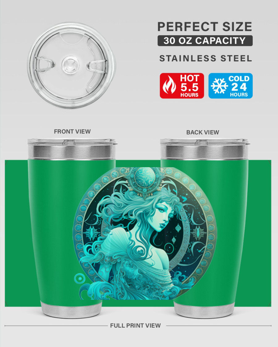 Aquarius 63# Tumbler featuring a double wall vacuum stainless steel design with a vibrant zodiac print.