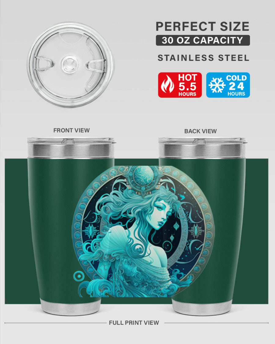 Aquarius 63# Tumbler featuring a double wall vacuum stainless steel design with a vibrant zodiac print.