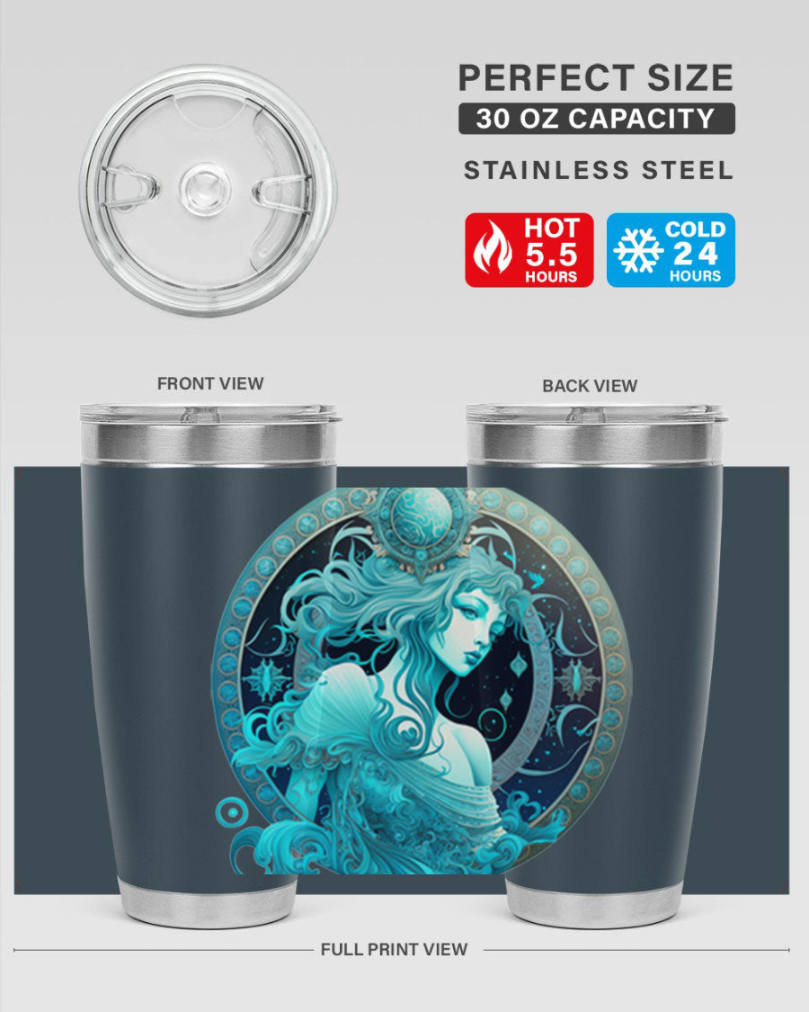 Aquarius 63# Tumbler featuring a double wall vacuum stainless steel design with a vibrant zodiac print.