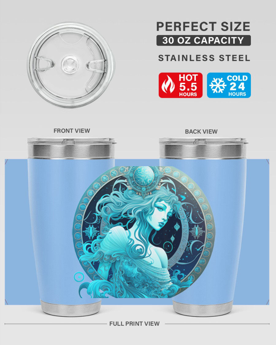 Aquarius 63# Tumbler featuring a double wall vacuum stainless steel design with a vibrant zodiac print.