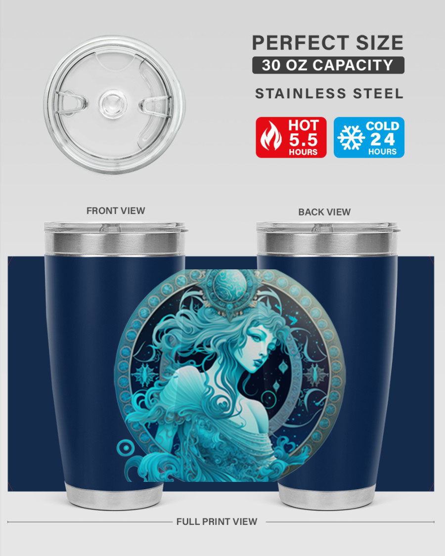 Aquarius 63# Tumbler featuring a double wall vacuum stainless steel design with a vibrant zodiac print.