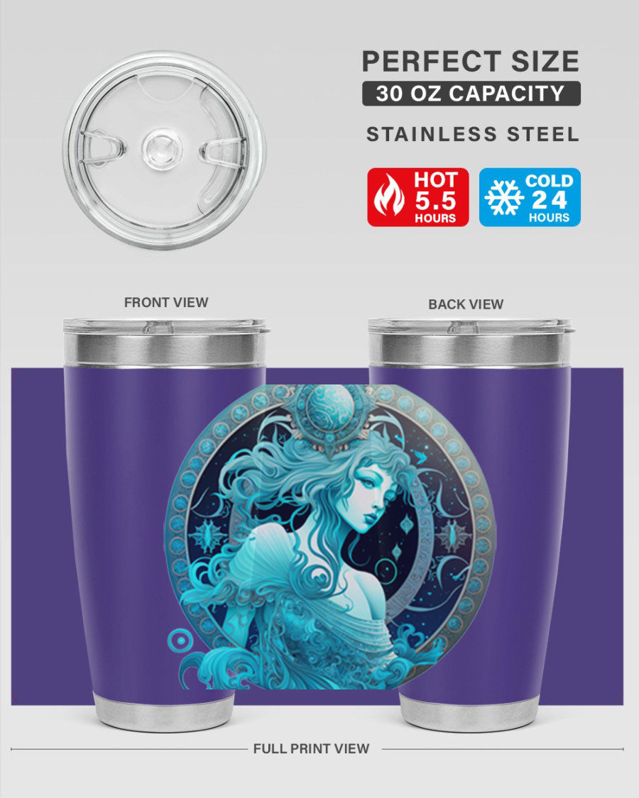 Aquarius 63# Tumbler featuring a double wall vacuum stainless steel design with a vibrant zodiac print.