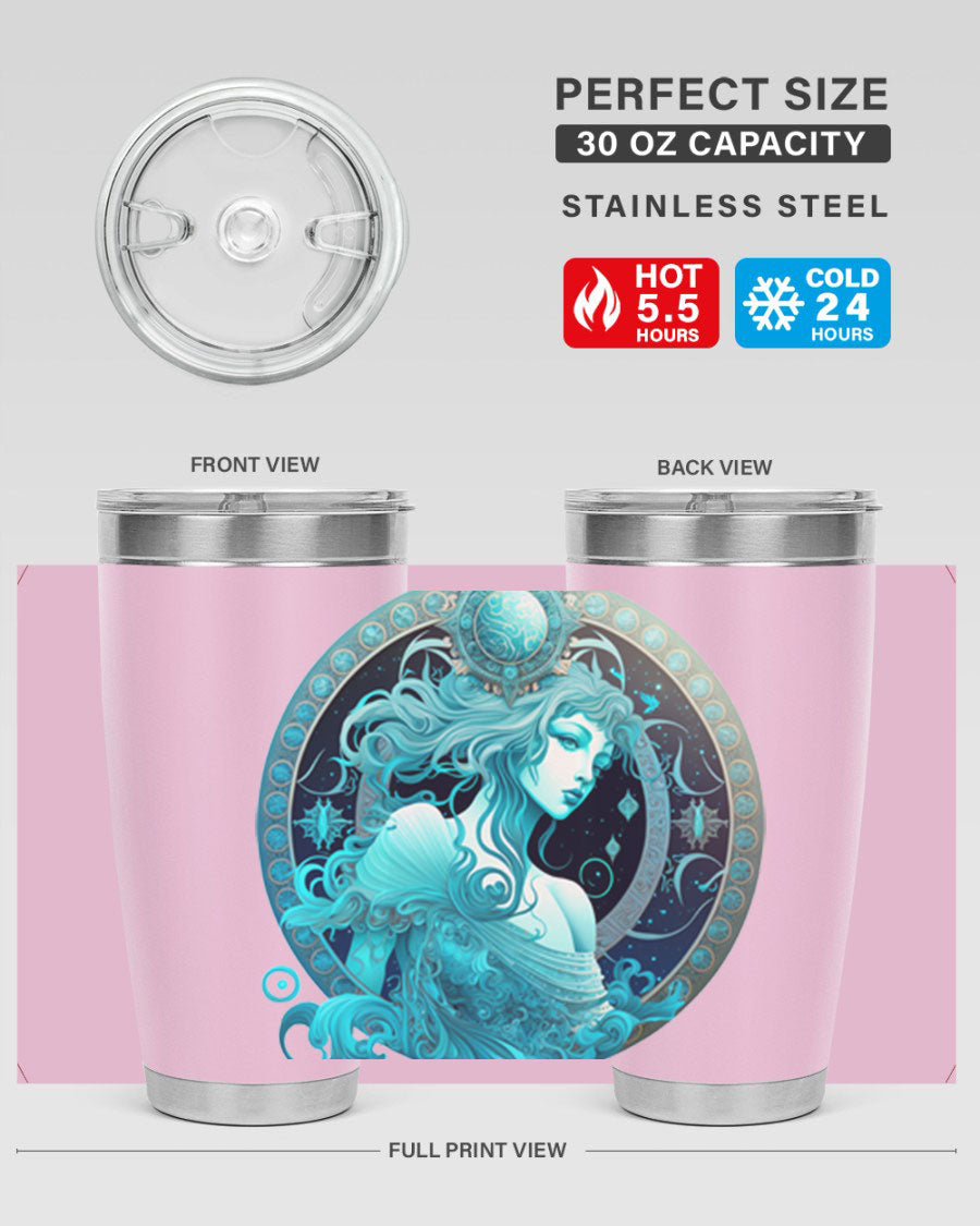 Aquarius 63# Tumbler featuring a double wall vacuum stainless steel design with a vibrant zodiac print.