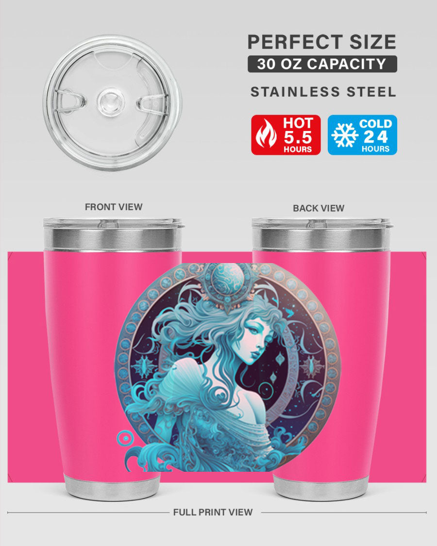 Aquarius 63# Tumbler featuring a double wall vacuum stainless steel design with a vibrant zodiac print.