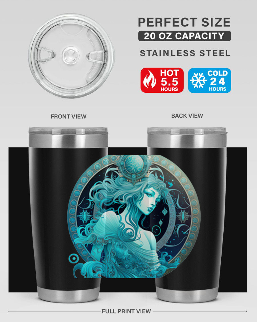Aquarius 63# Tumbler featuring a double wall vacuum stainless steel design with a vibrant zodiac print.
