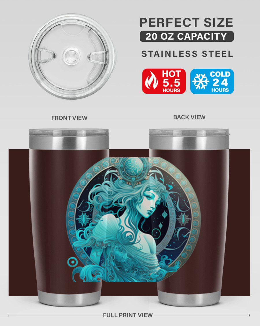 Aquarius 63# Tumbler featuring a double wall vacuum stainless steel design with a vibrant zodiac print.