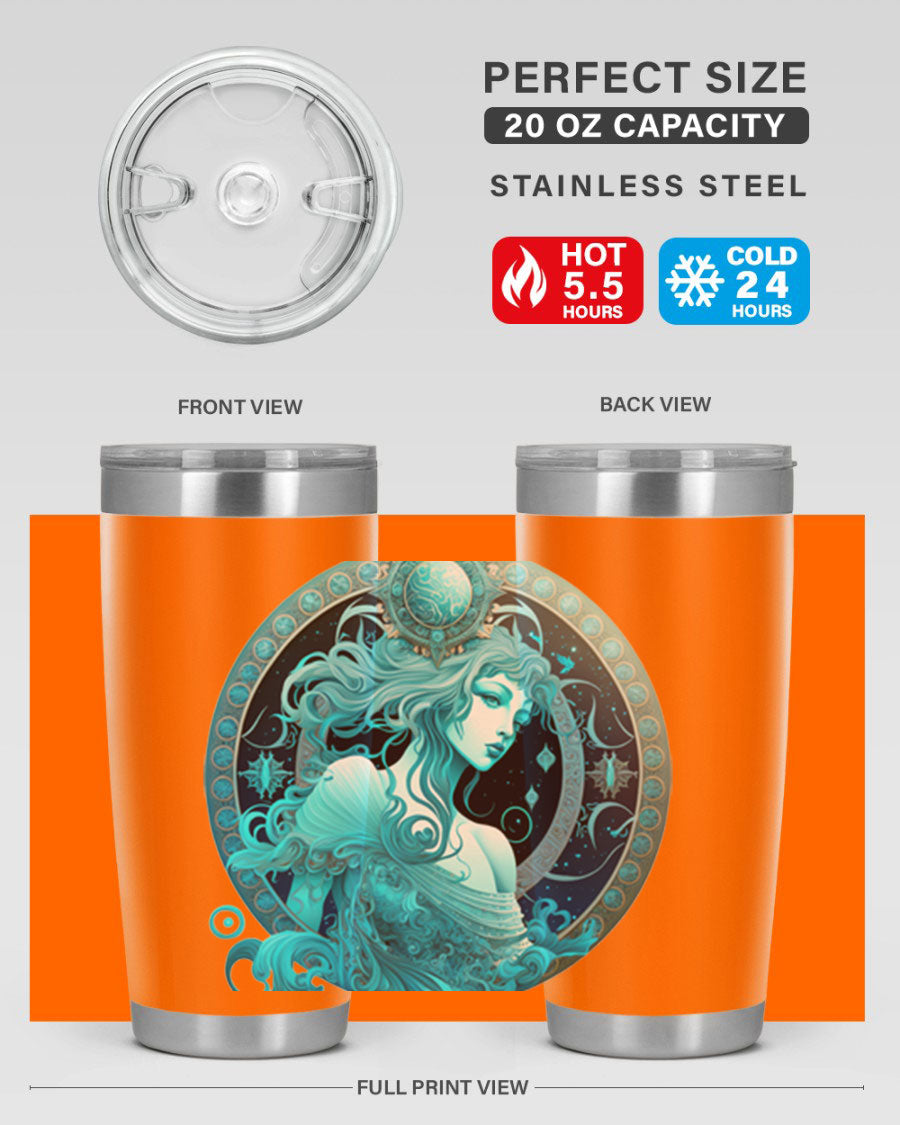 Aquarius 63# Tumbler featuring a double wall vacuum stainless steel design with a vibrant zodiac print.