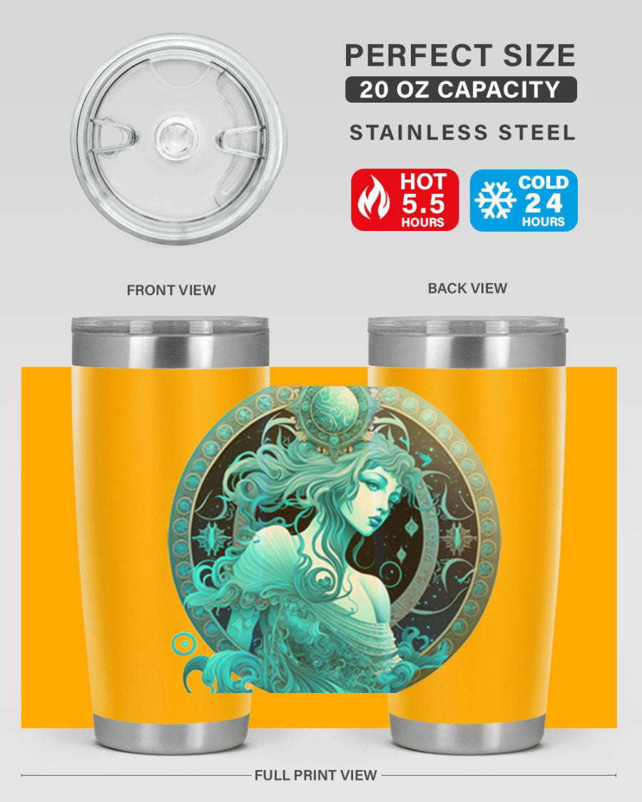 Aquarius 63# Tumbler featuring a double wall vacuum stainless steel design with a vibrant zodiac print.