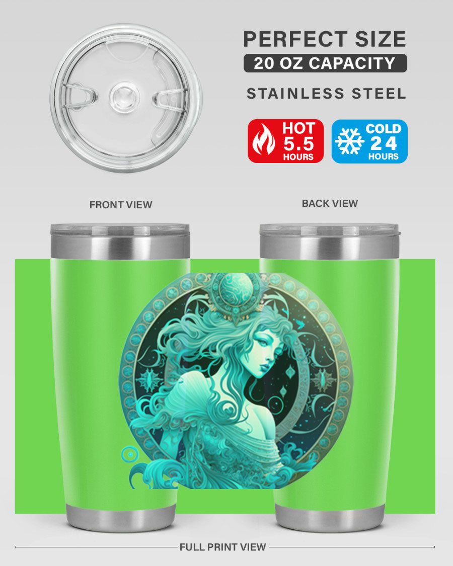 Aquarius 63# Tumbler featuring a double wall vacuum stainless steel design with a vibrant zodiac print.