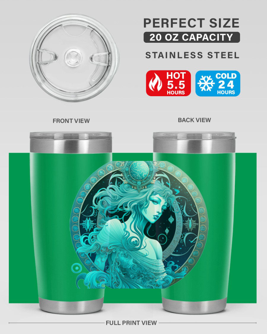 Aquarius 63# Tumbler featuring a double wall vacuum stainless steel design with a vibrant zodiac print.