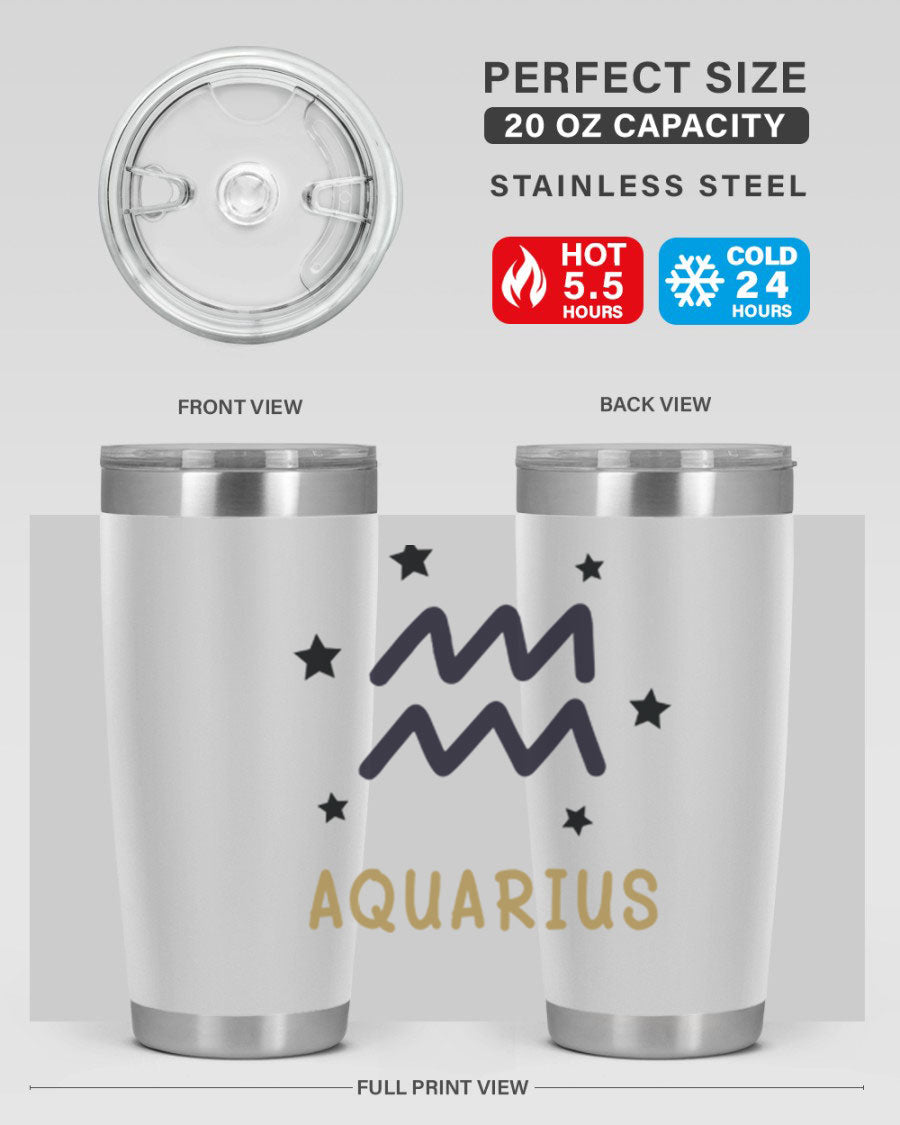Aquarius 83# Zodiac Tumbler in stainless steel with a vibrant design, featuring a drink-thru lid and double wall insulation.