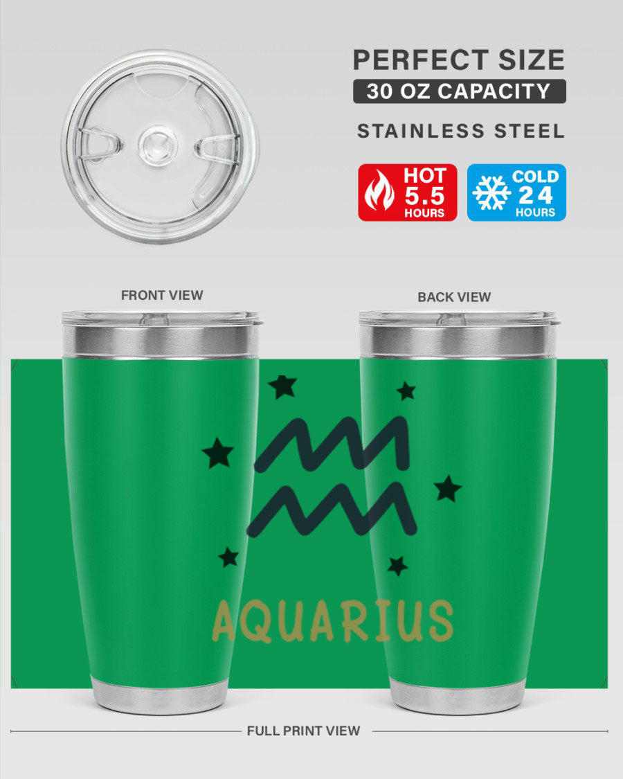 Aquarius 83# Zodiac Tumbler in stainless steel with a vibrant design, featuring a drink-thru lid and double wall insulation.