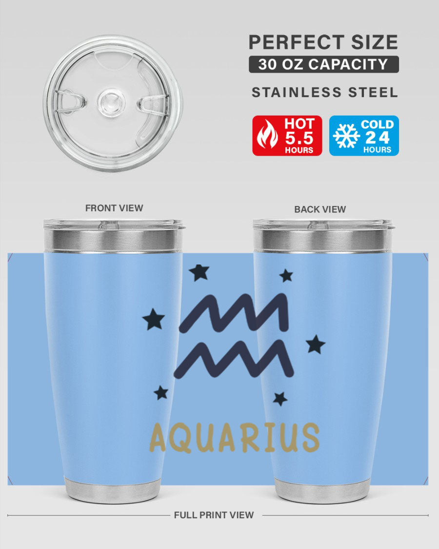 Aquarius 83# Zodiac Tumbler in stainless steel with a vibrant design, featuring a drink-thru lid and double wall insulation.