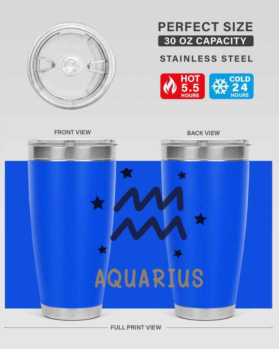 Aquarius 83# Zodiac Tumbler in stainless steel with a vibrant design, featuring a drink-thru lid and double wall insulation.