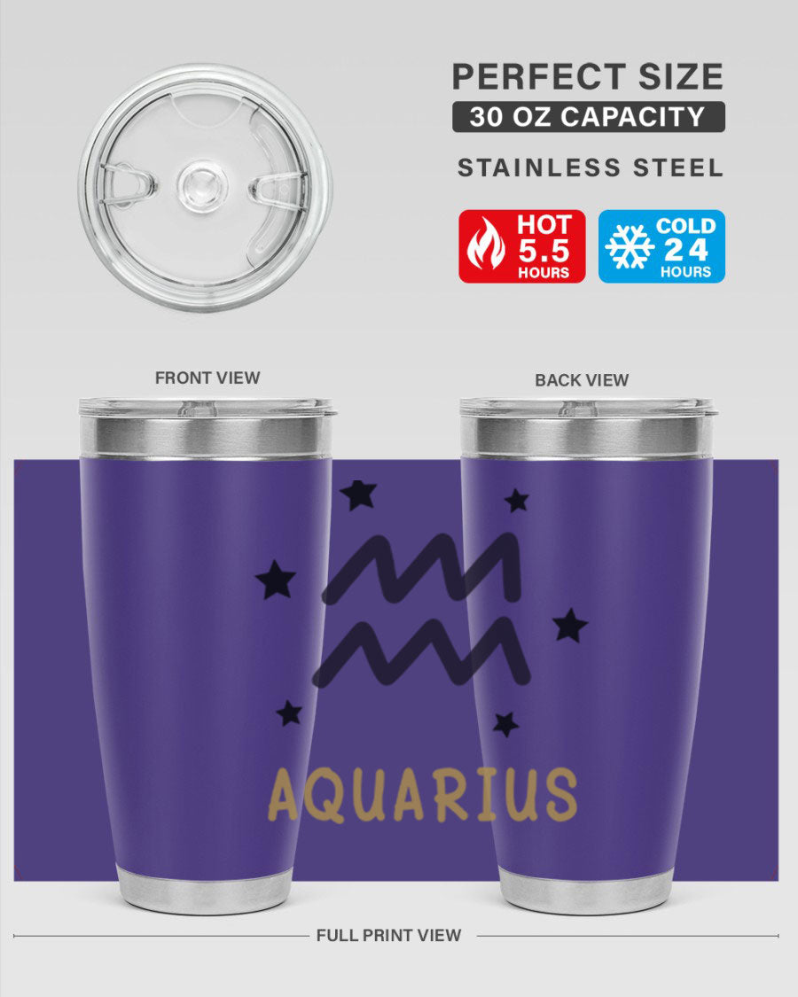 Aquarius 83# Zodiac Tumbler in stainless steel with a vibrant design, featuring a drink-thru lid and double wall insulation.