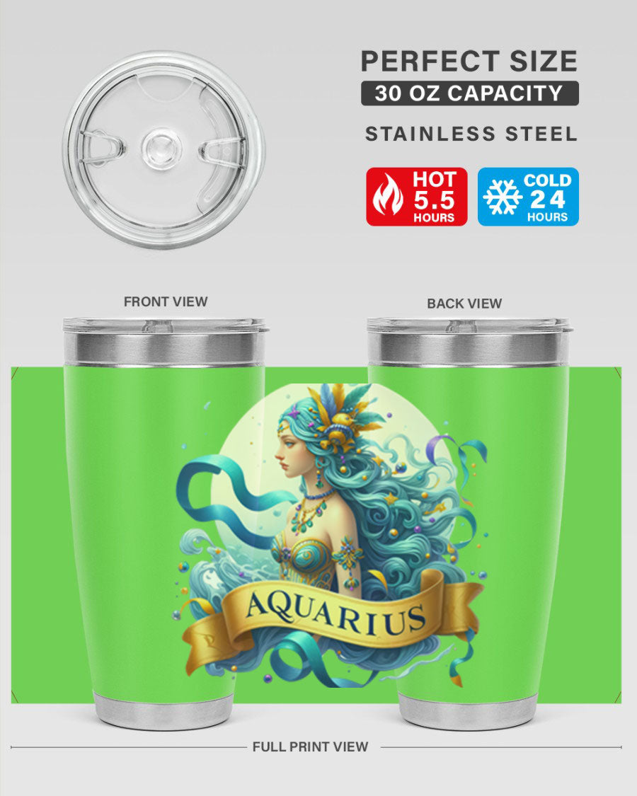 Aquarius 84# Zodiac Tumbler in stainless steel with a vibrant zodiac design, perfect for hot and cold beverages.