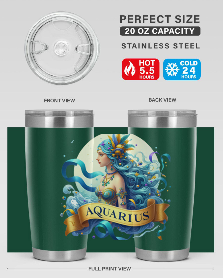 Aquarius 84# Zodiac Tumbler in stainless steel with a vibrant zodiac design, perfect for hot and cold beverages.