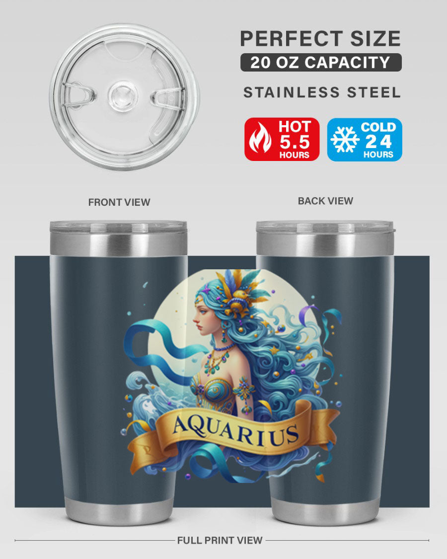 Aquarius 84# Zodiac Tumbler in stainless steel with a vibrant zodiac design, perfect for hot and cold beverages.
