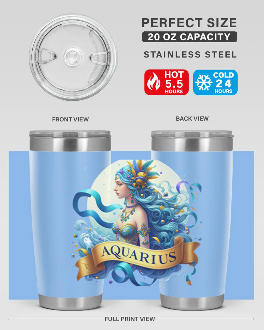 Aquarius 84# Zodiac Tumbler in stainless steel with a vibrant zodiac design, perfect for hot and cold beverages.