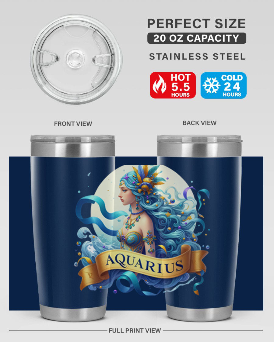 Aquarius 84# Zodiac Tumbler in stainless steel with a vibrant zodiac design, perfect for hot and cold beverages.