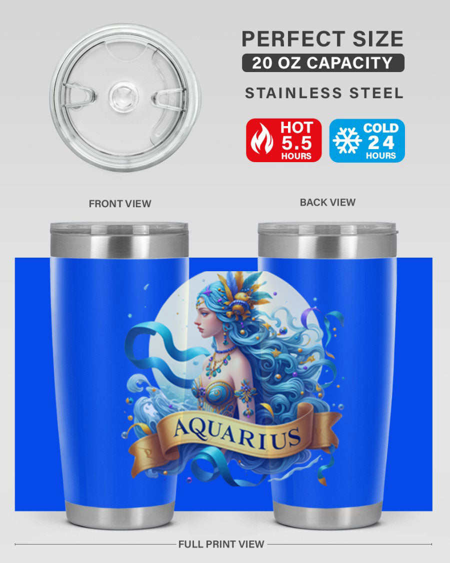 Aquarius 84# Zodiac Tumbler in stainless steel with a vibrant zodiac design, perfect for hot and cold beverages.
