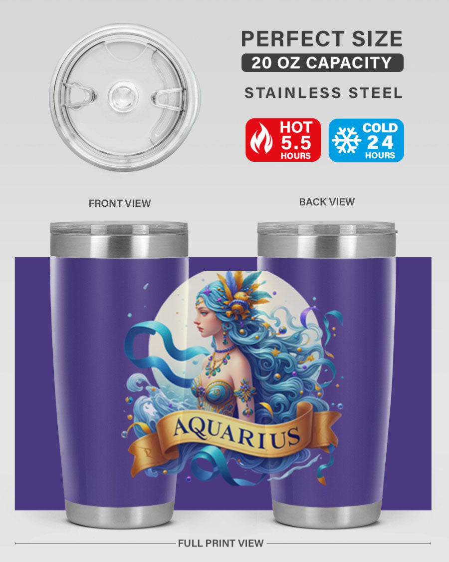 Aquarius 84# Zodiac Tumbler in stainless steel with a vibrant zodiac design, perfect for hot and cold beverages.