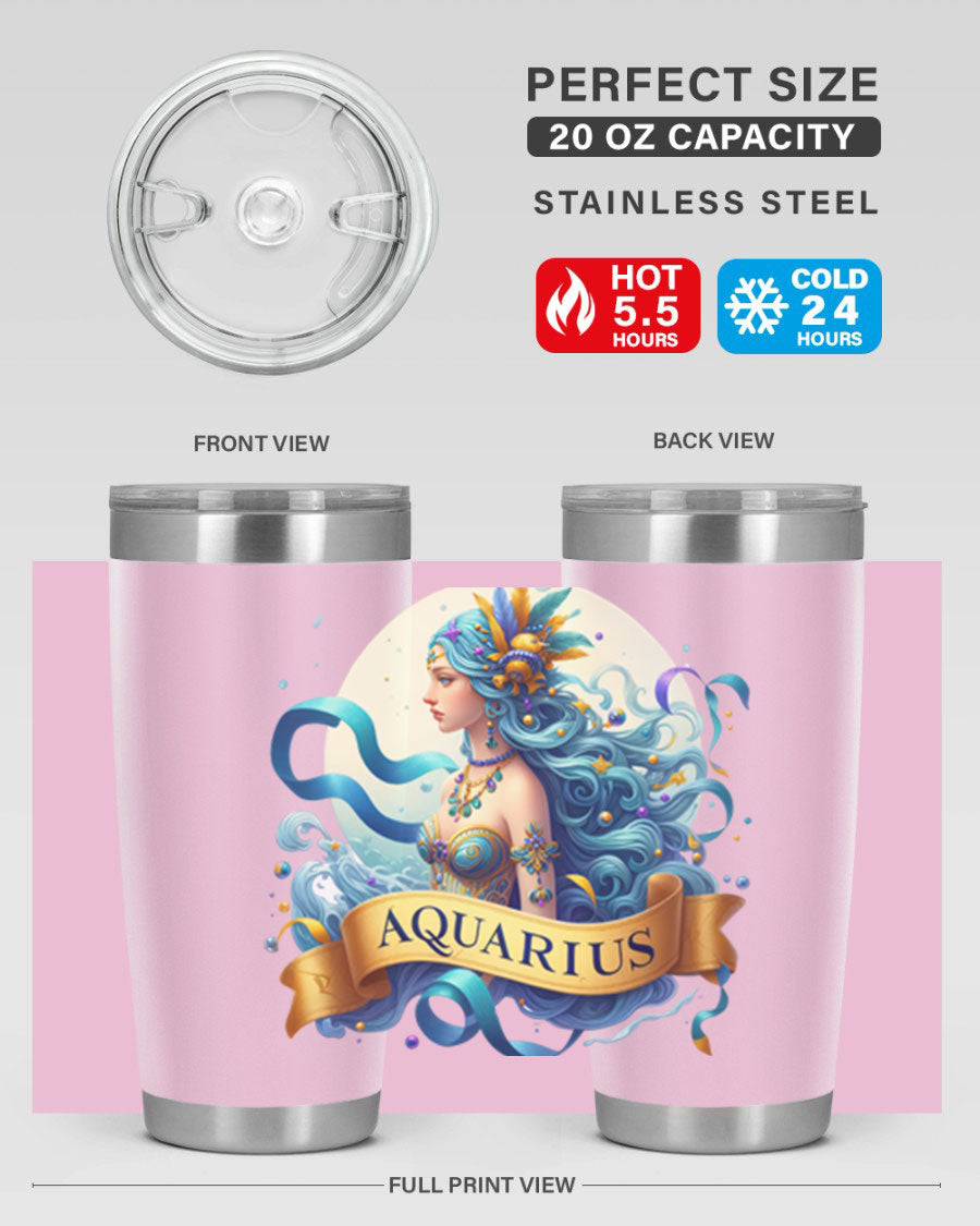 Aquarius 84# Zodiac Tumbler in stainless steel with a vibrant zodiac design, perfect for hot and cold beverages.