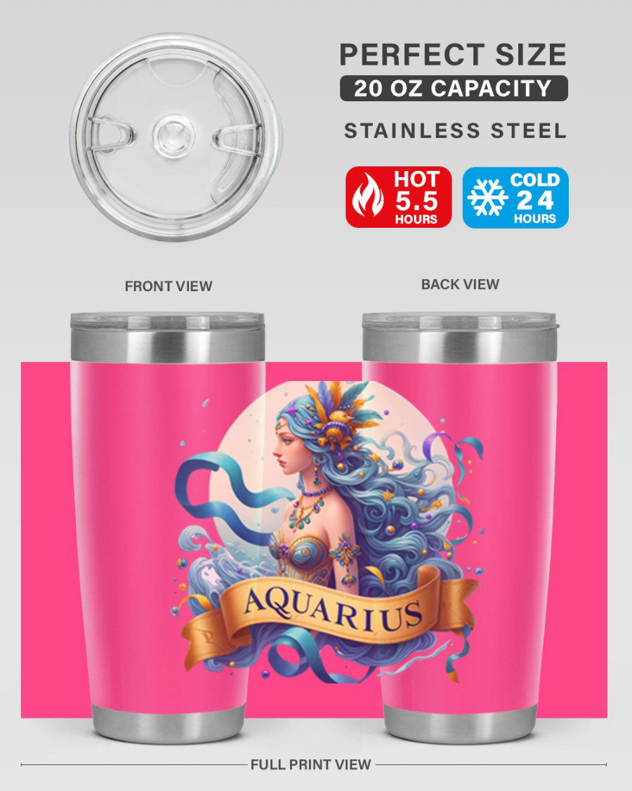 Aquarius 84# Zodiac Tumbler in stainless steel with a vibrant zodiac design, perfect for hot and cold beverages.