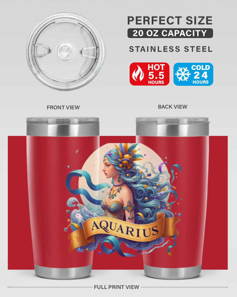 Aquarius 84# Zodiac Tumbler in stainless steel with a vibrant zodiac design, perfect for hot and cold beverages.