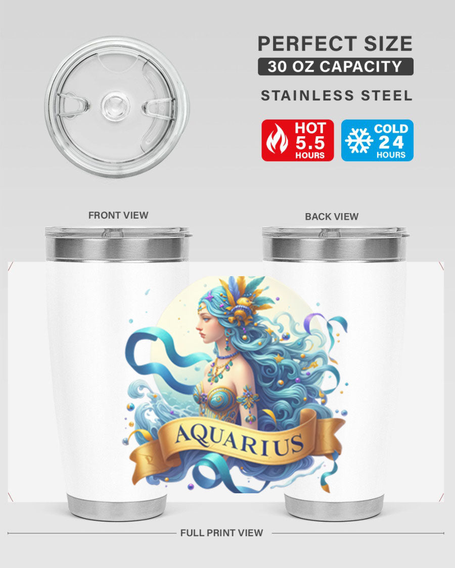 Aquarius 84# Zodiac Tumbler in stainless steel with a vibrant zodiac design, perfect for hot and cold beverages.