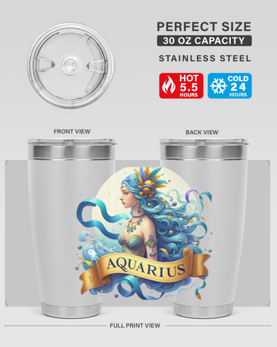 Aquarius 84# Zodiac Tumbler in stainless steel with a vibrant zodiac design, perfect for hot and cold beverages.