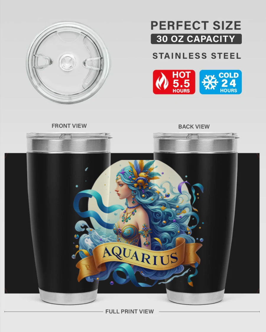 Aquarius 84# Zodiac Tumbler in stainless steel with a vibrant zodiac design, perfect for hot and cold beverages.