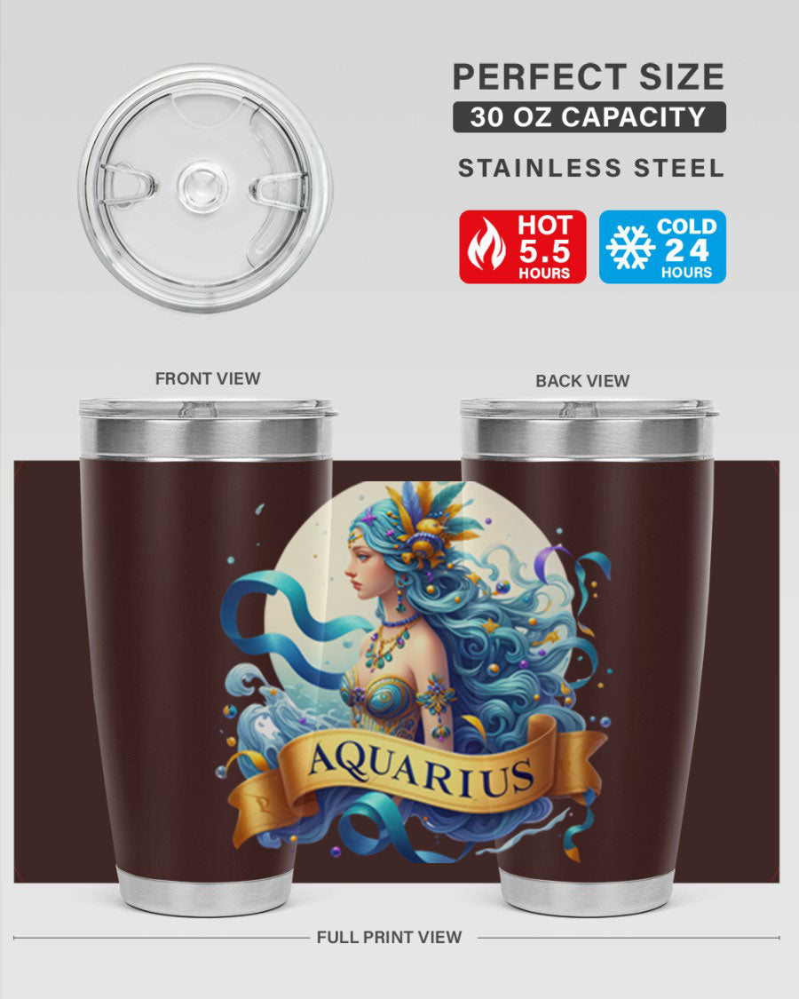 Aquarius 84# Zodiac Tumbler in stainless steel with a vibrant zodiac design, perfect for hot and cold beverages.