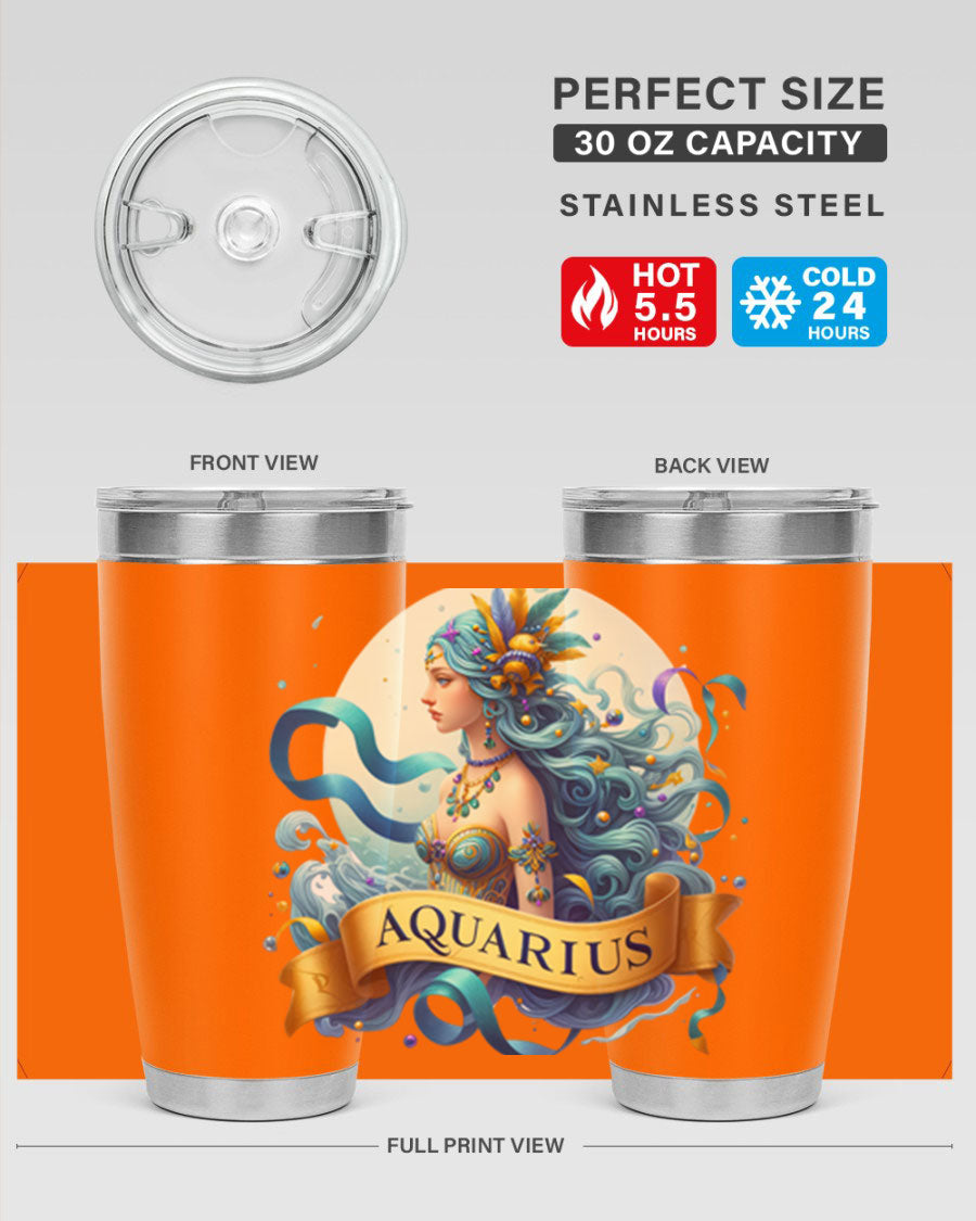 Aquarius 84# Zodiac Tumbler in stainless steel with a vibrant zodiac design, perfect for hot and cold beverages.