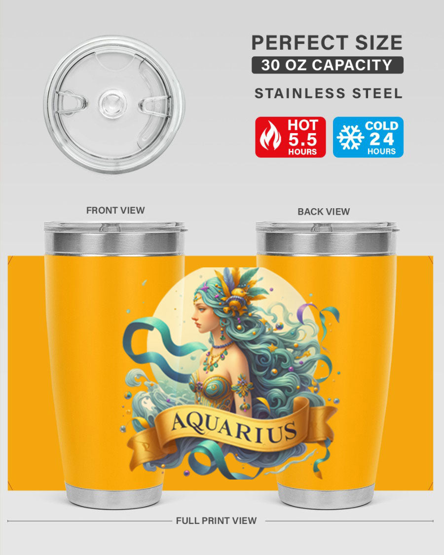 Aquarius 84# Zodiac Tumbler in stainless steel with a vibrant zodiac design, perfect for hot and cold beverages.