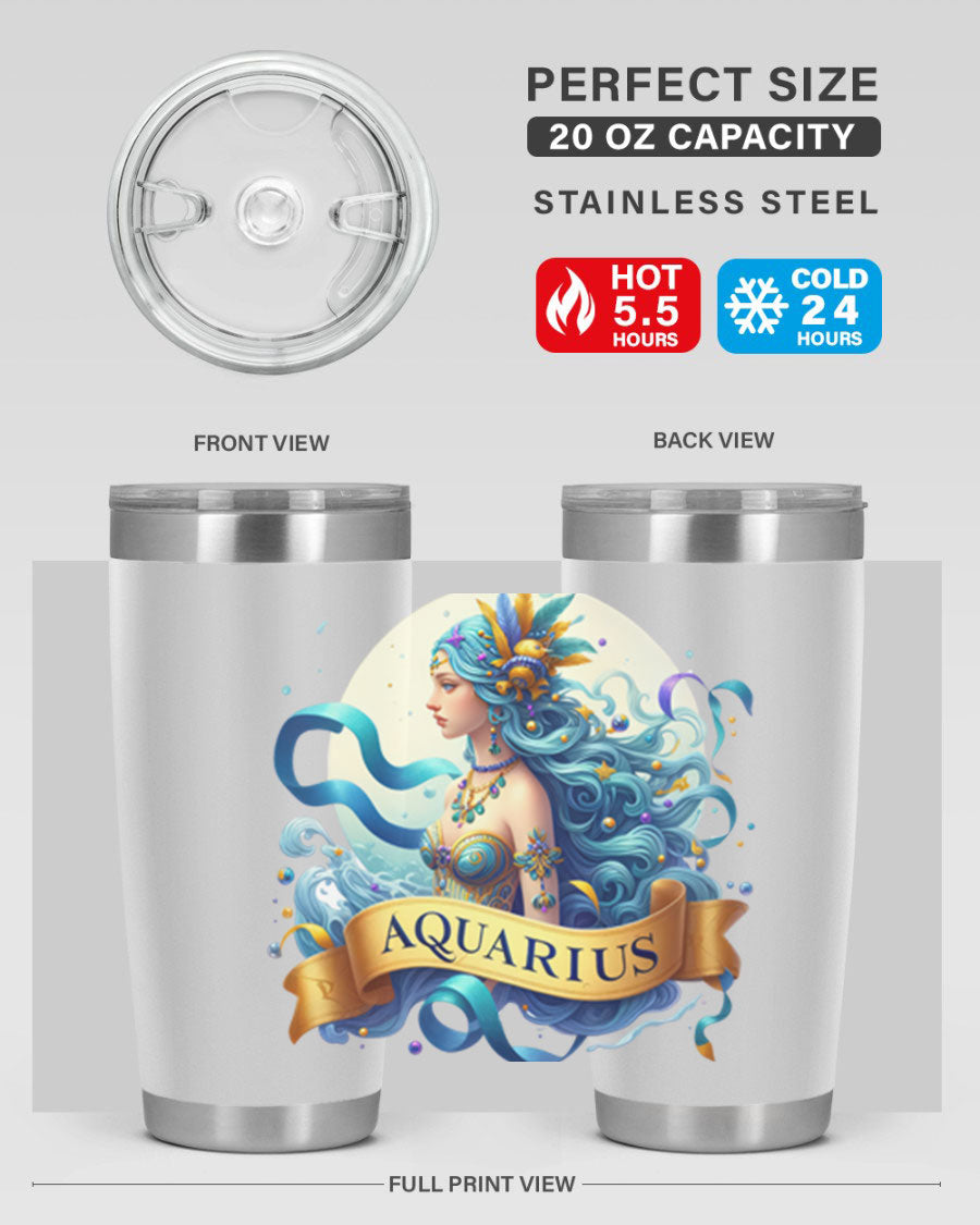 Aquarius 84# Zodiac Tumbler in stainless steel with a vibrant zodiac design, perfect for hot and cold beverages.