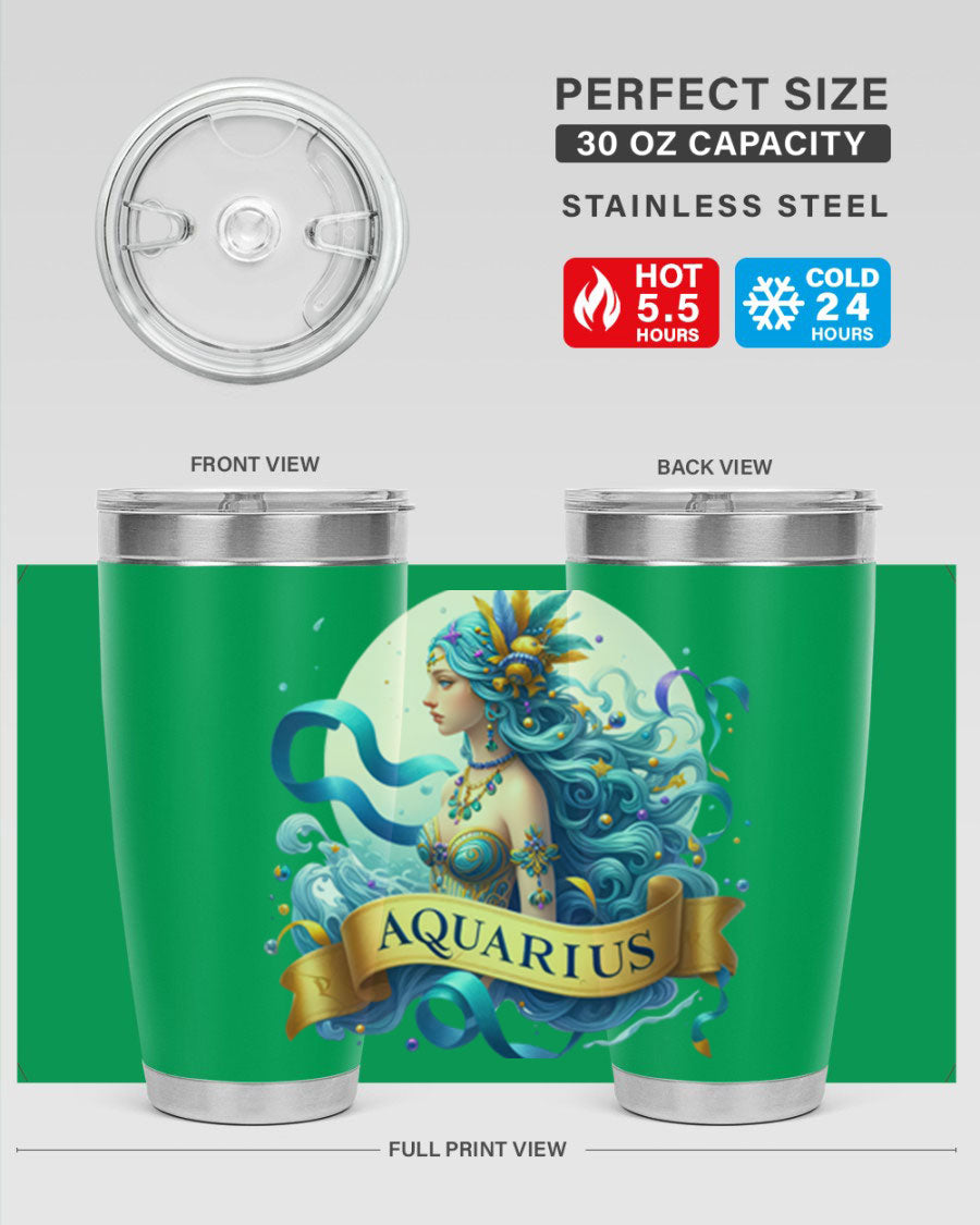 Aquarius 84# Zodiac Tumbler in stainless steel with a vibrant zodiac design, perfect for hot and cold beverages.
