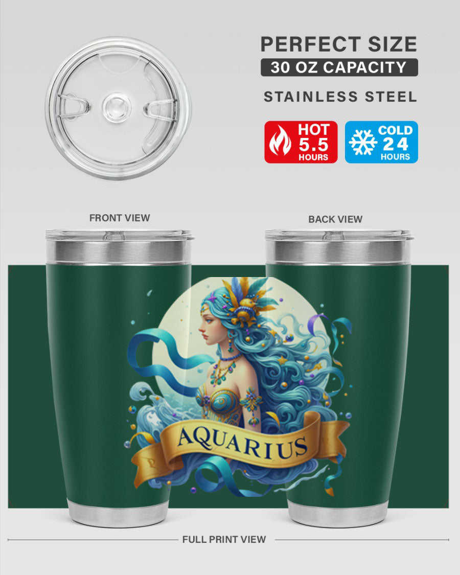 Aquarius 84# Zodiac Tumbler in stainless steel with a vibrant zodiac design, perfect for hot and cold beverages.