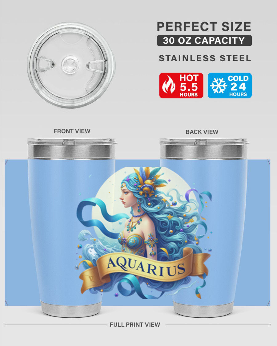 Aquarius 84# Zodiac Tumbler in stainless steel with a vibrant zodiac design, perfect for hot and cold beverages.