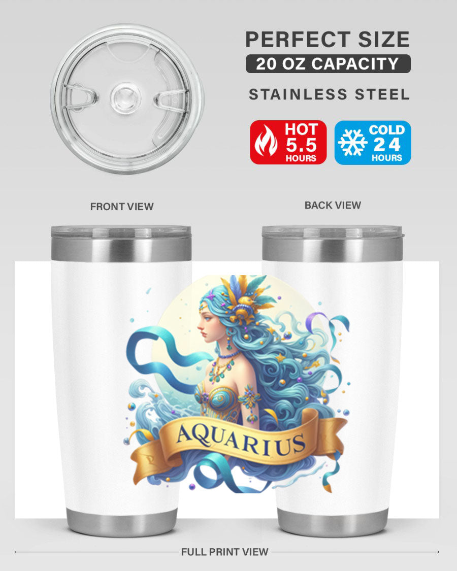 Aquarius 84# Zodiac Tumbler in stainless steel with a vibrant zodiac design, perfect for hot and cold beverages.