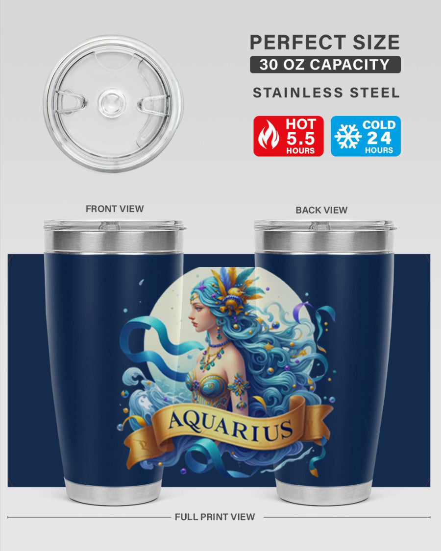 Aquarius 84# Zodiac Tumbler in stainless steel with a vibrant zodiac design, perfect for hot and cold beverages.
