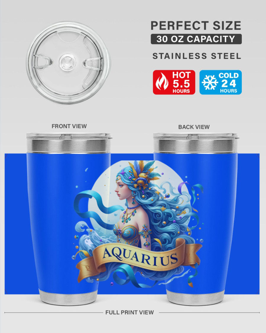 Aquarius 84# Zodiac Tumbler in stainless steel with a vibrant zodiac design, perfect for hot and cold beverages.