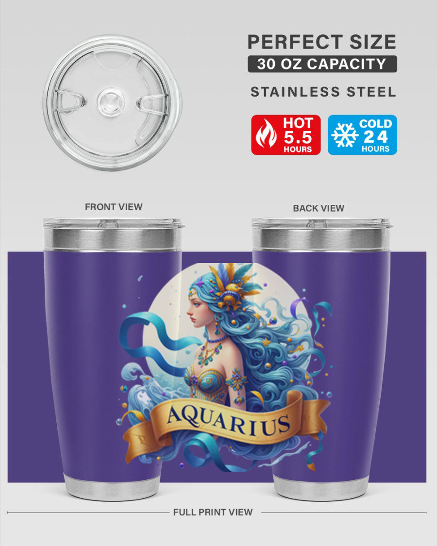 Aquarius 84# Zodiac Tumbler in stainless steel with a vibrant zodiac design, perfect for hot and cold beverages.