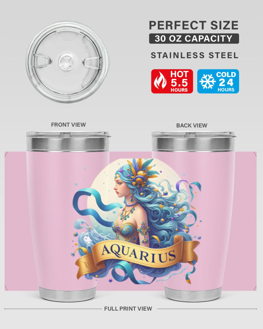 Aquarius 84# Zodiac Tumbler in stainless steel with a vibrant zodiac design, perfect for hot and cold beverages.