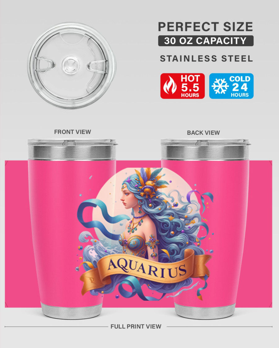Aquarius 84# Zodiac Tumbler in stainless steel with a vibrant zodiac design, perfect for hot and cold beverages.