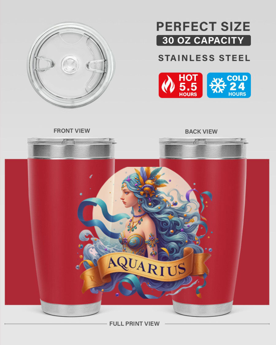 Aquarius 84# Zodiac Tumbler in stainless steel with a vibrant zodiac design, perfect for hot and cold beverages.
