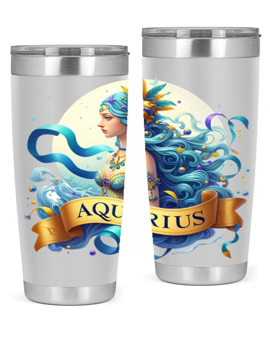 Aquarius 84# Zodiac Tumbler in stainless steel with a vibrant zodiac design, perfect for hot and cold beverages.