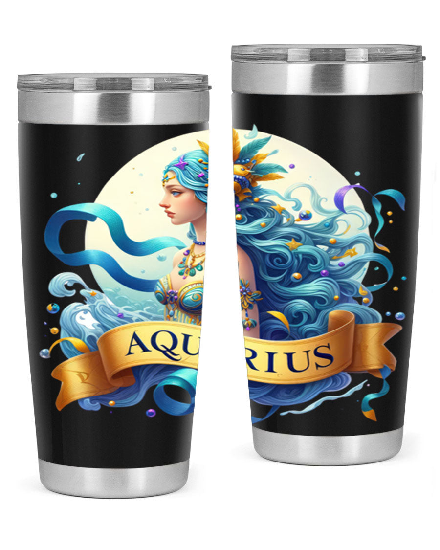 Aquarius 84# Zodiac Tumbler in stainless steel with a vibrant zodiac design, perfect for hot and cold beverages.