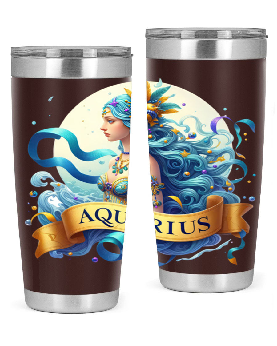Aquarius 84# Zodiac Tumbler in stainless steel with a vibrant zodiac design, perfect for hot and cold beverages.